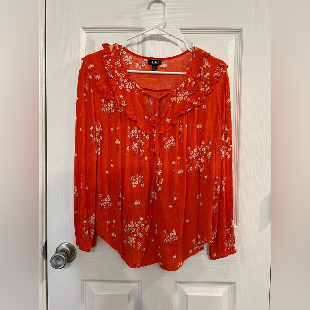 a.n.a Orange Floral Print Ruffle Long Sleeve Blouse Extra Small